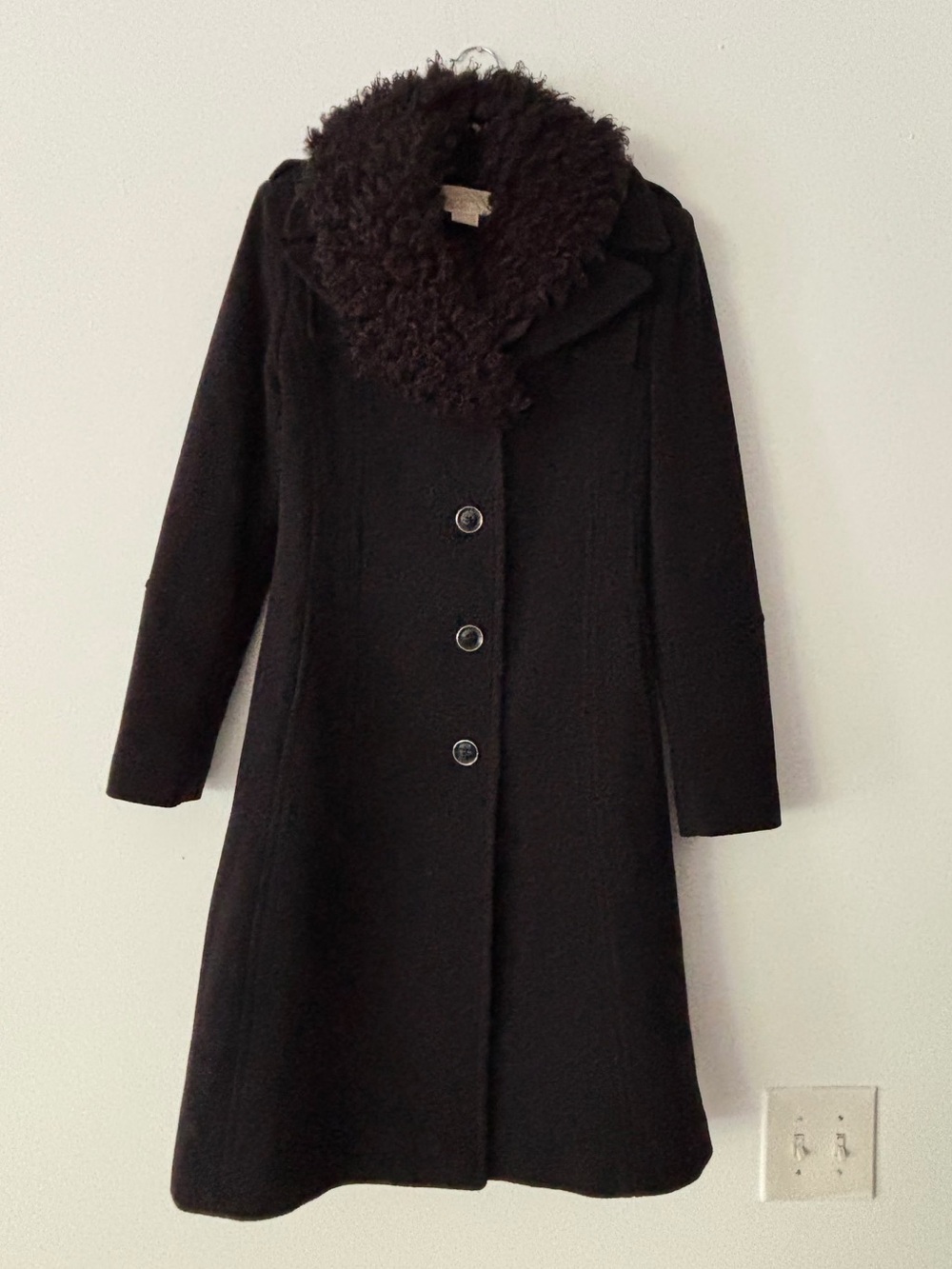 Michael Kors Womens Wool Cashmere Coat Black Faux Fur Collar Fit Flare Size 10